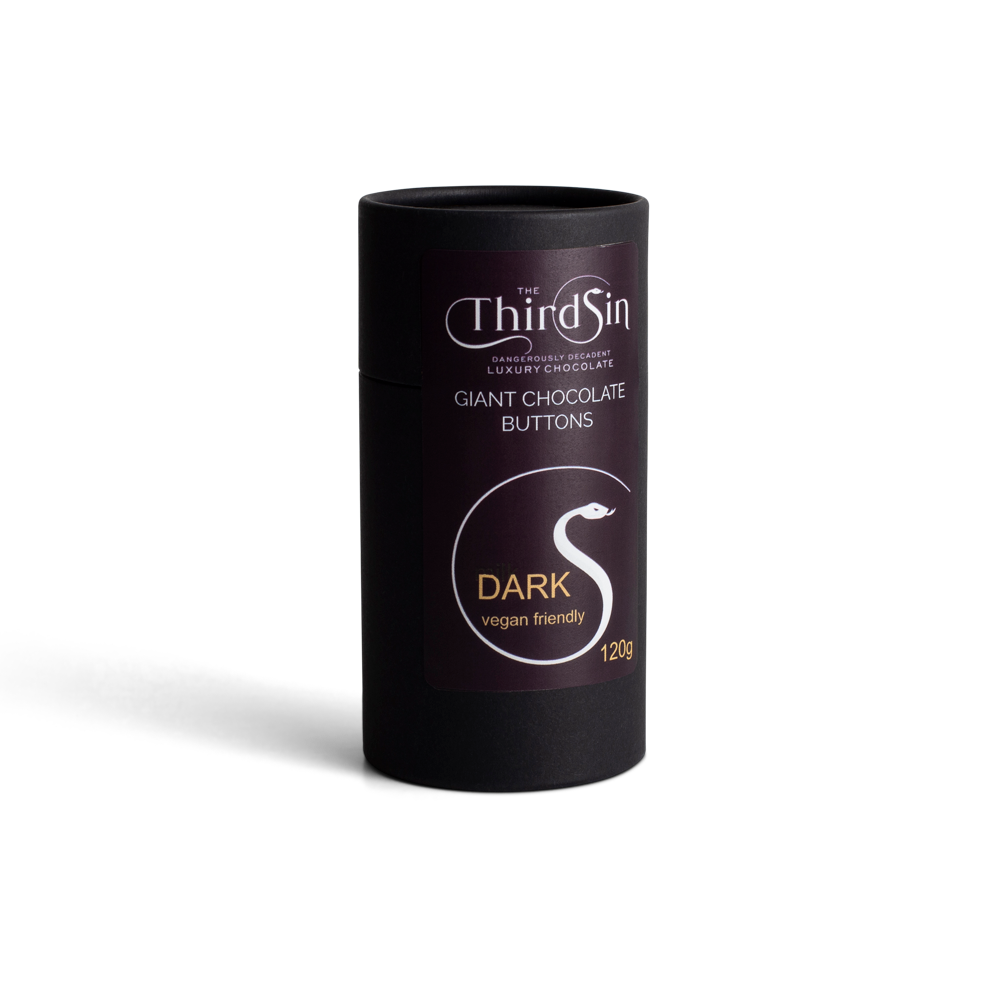 Black cylindrical container of The Third Sin dark chocolate buttons on a white background