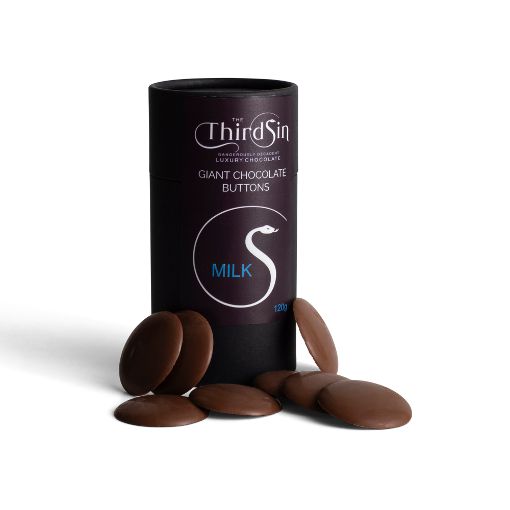 Black cylindrical container of 'The Third Sin' milk chocolate buttons on a white background