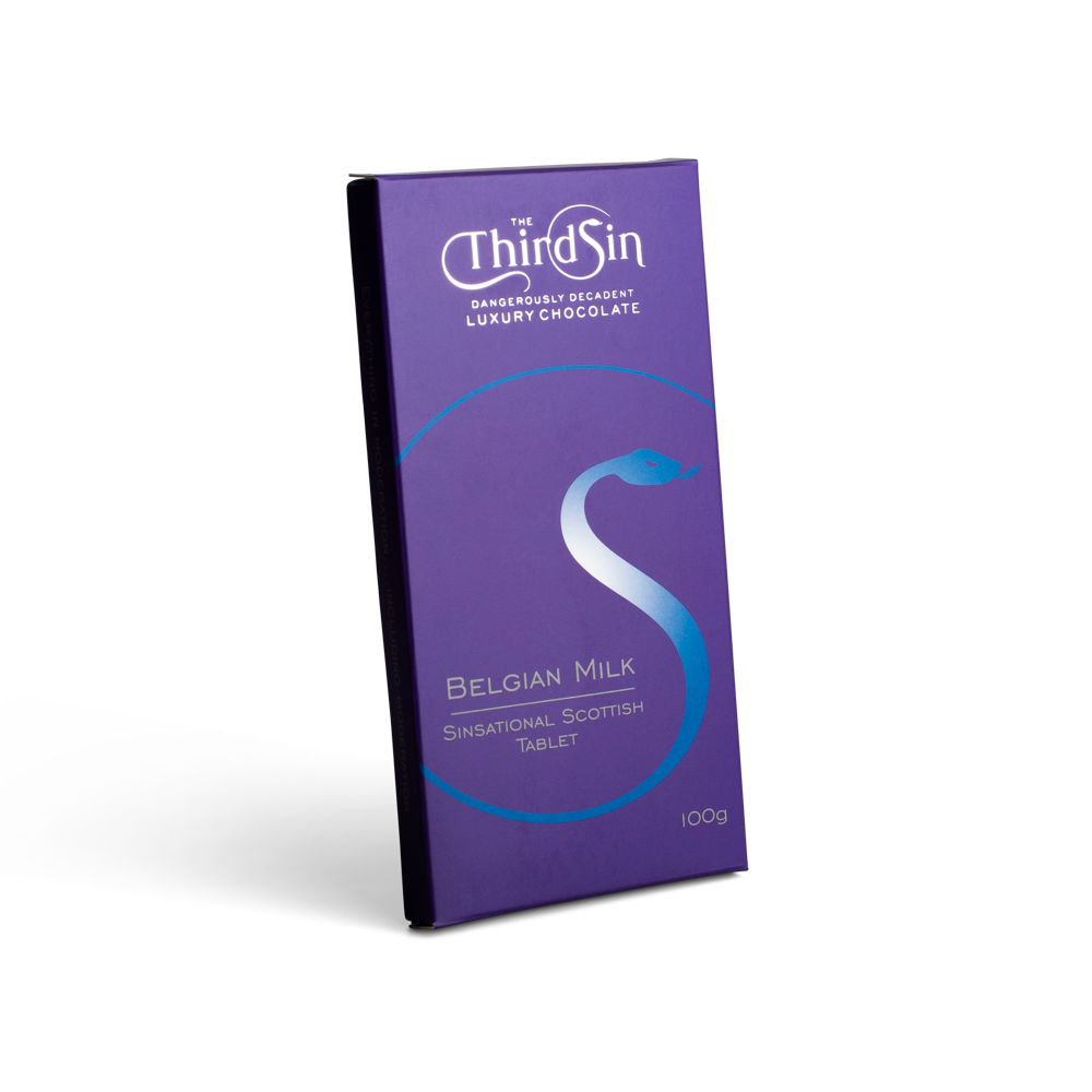 Purple chocolate bar with The Third Sin branding on a white background, Scottish Tablet flavour