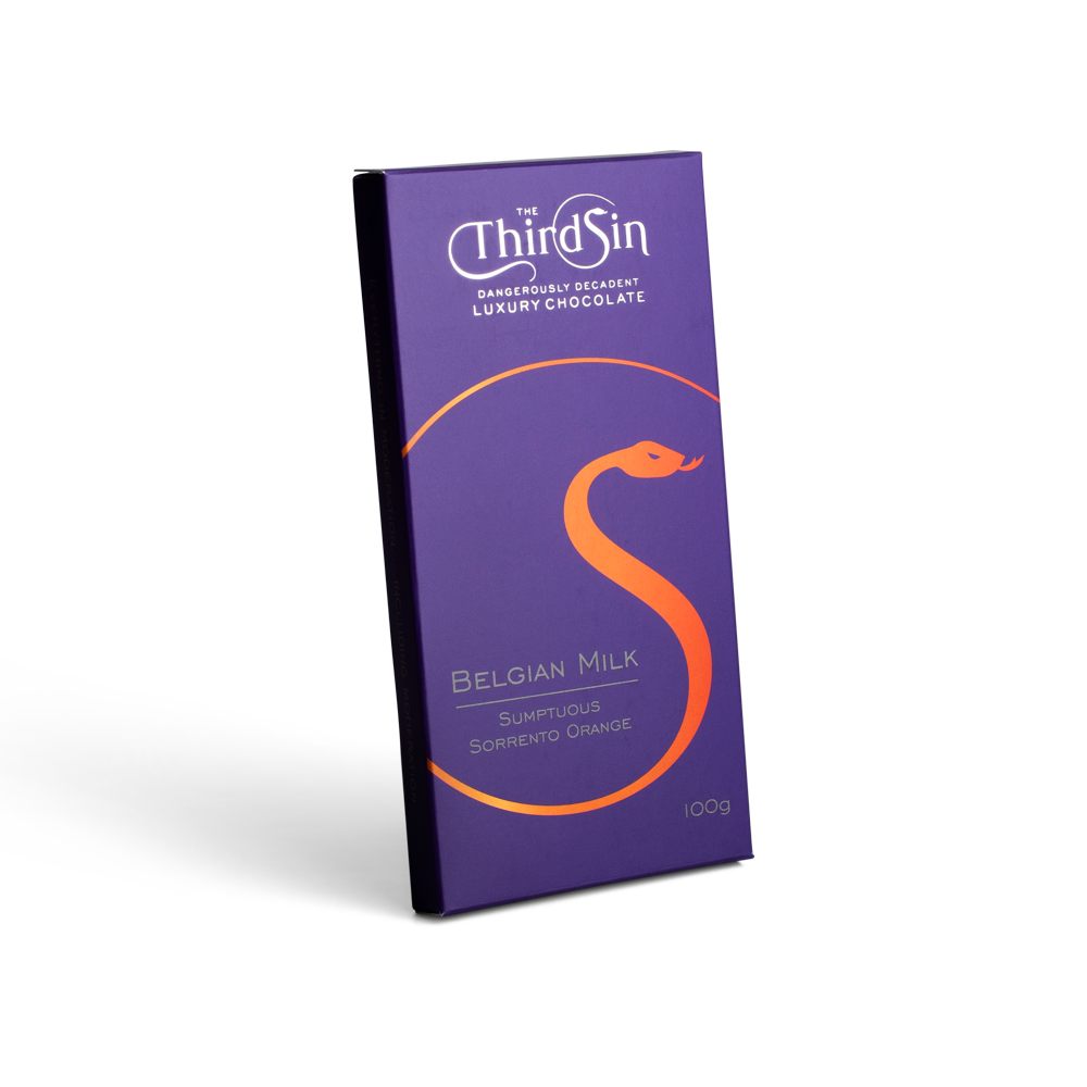 Purple chocolate bar with The Third Sin branding on a white background Orange