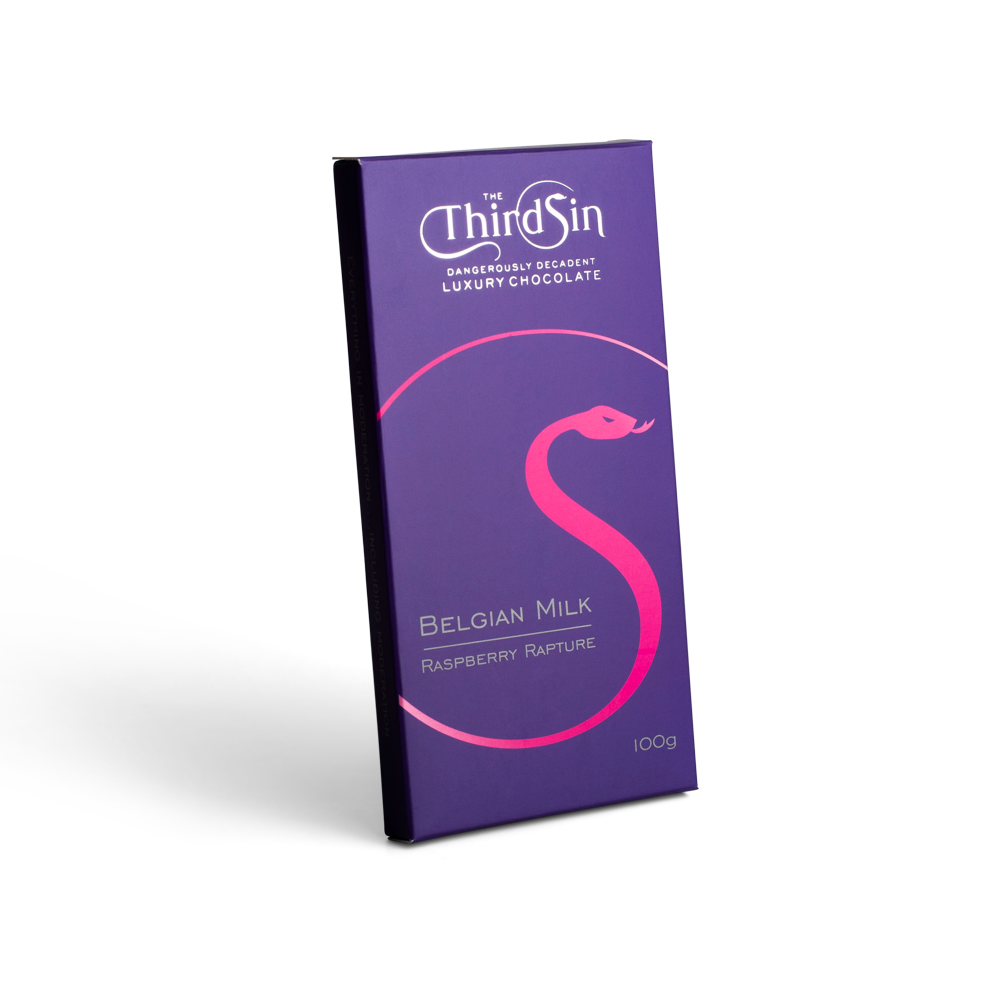 Purple chocolate bar with The Third Sin branding on a white background