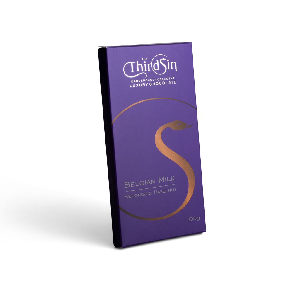 Purple chocolate bar with The Third Sin branding on a white background