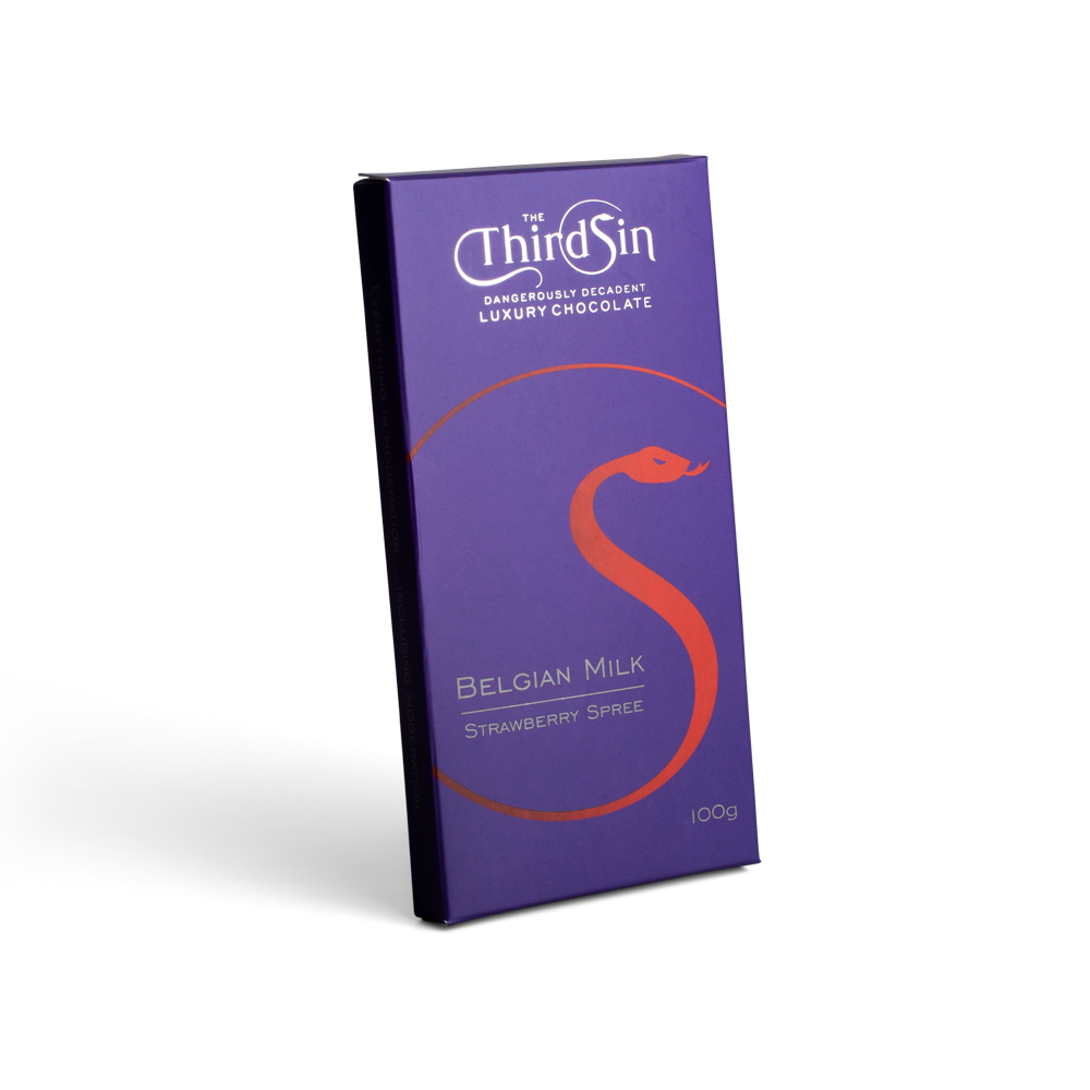 Purple chocolate bar with The Third Sin branding on a white background