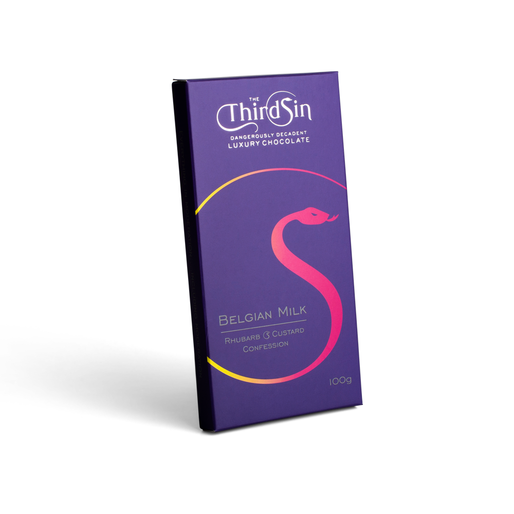 Purple chocolate bar with The Third Sin branding on a white background