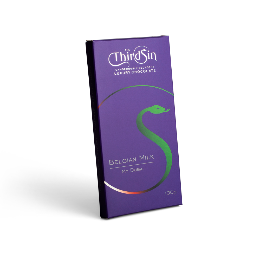 Purple chocolate bar with The Third Sin branding on a white background