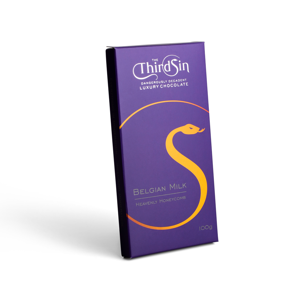Purple chocolate bar with The Third Sin branding on a white background