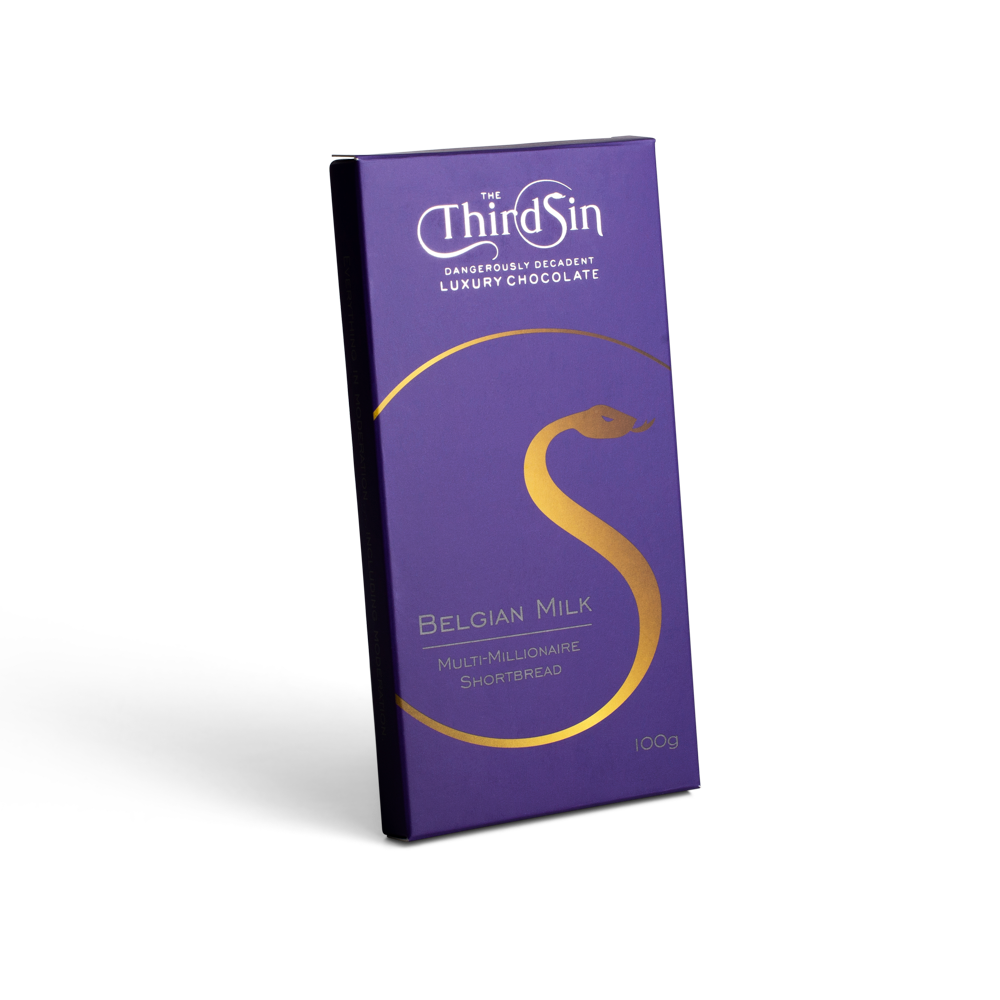 Purple chocolate bar with The Third Sin branding on a white background