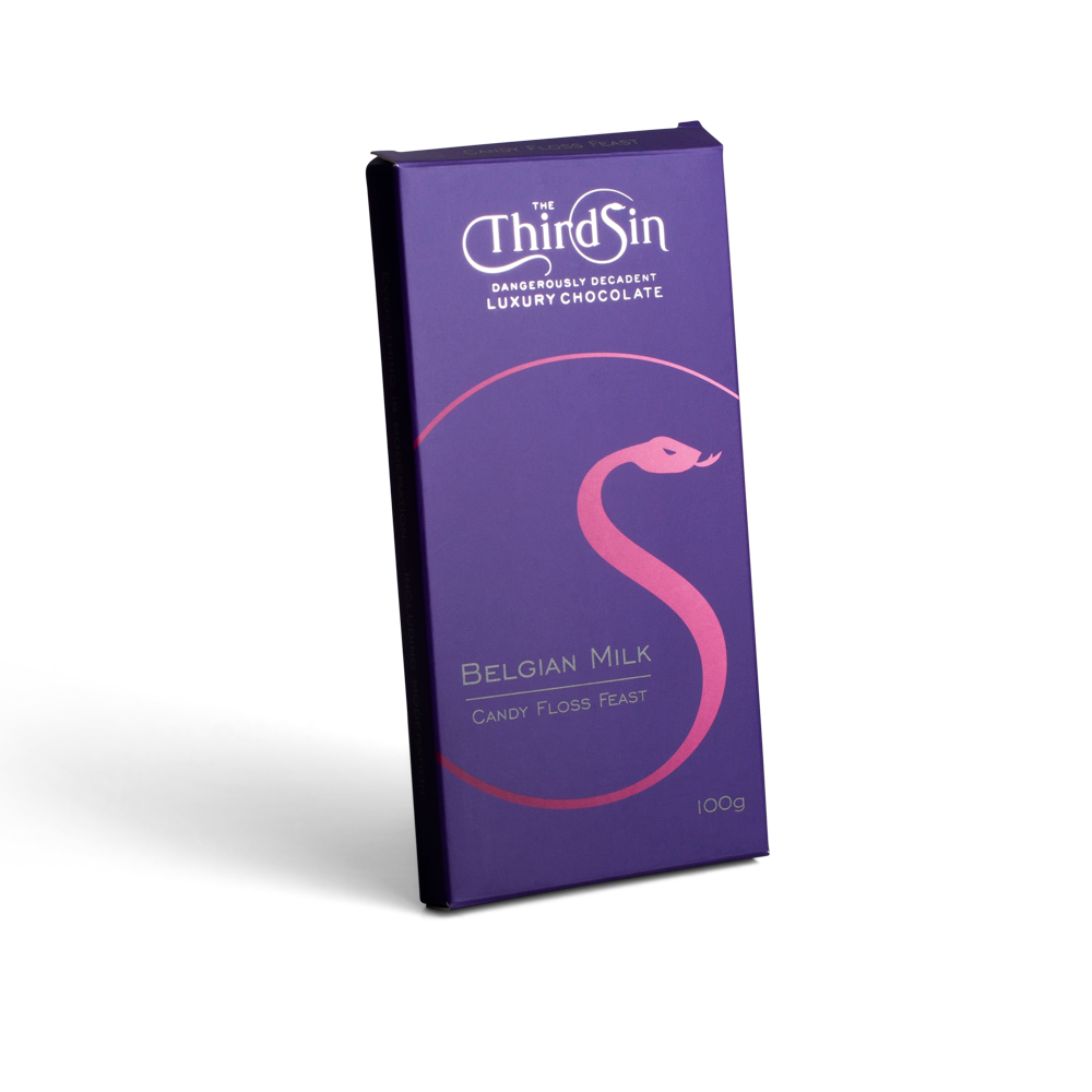 Purple chocolate bar with The Third Sin branding on a white background