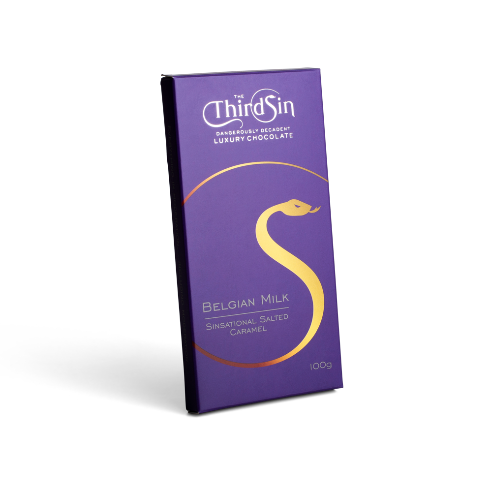 purple chocolate bar with the third sin branding on white background