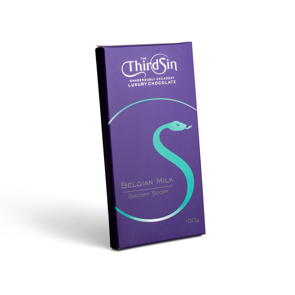 Purple Chocolate Bar with Third Sin branding Belgian Milk on a white background