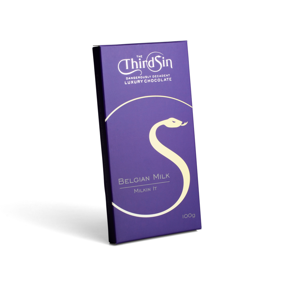 Purple chocolate bar with The Third Sin branding on a white background Milk Chococlate