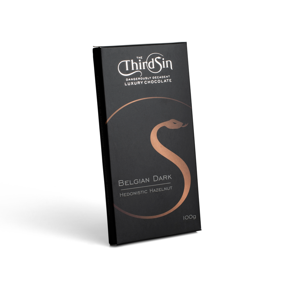 Dark chocolate bar packaging with 'The Third Sin' branding on a white background