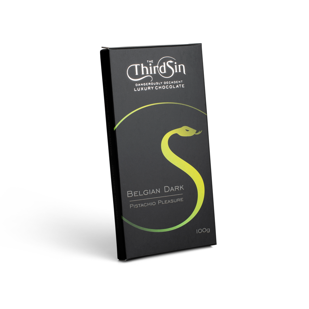 Chocolate bar packaging with 'The Third Sin' branding on a white background
