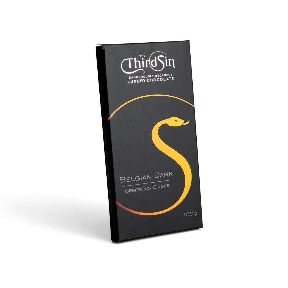 Dark chocolate bar packaging with 'The Third Sin' branding on a white background