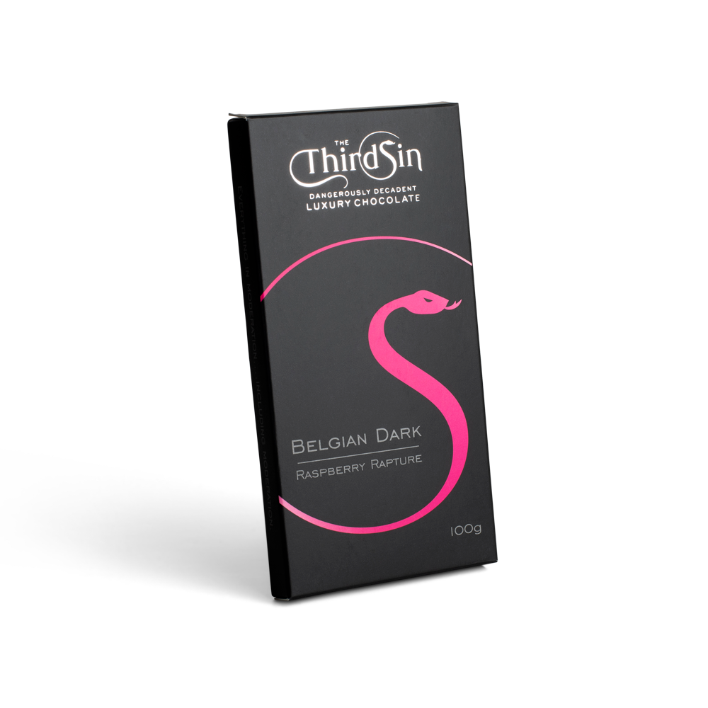 Chocolate bar packaging with 'The Third Sin' branding on a white background