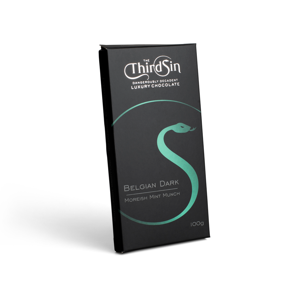 Dark chocolate bar packaging with 'The Third Sin' branding on a white background