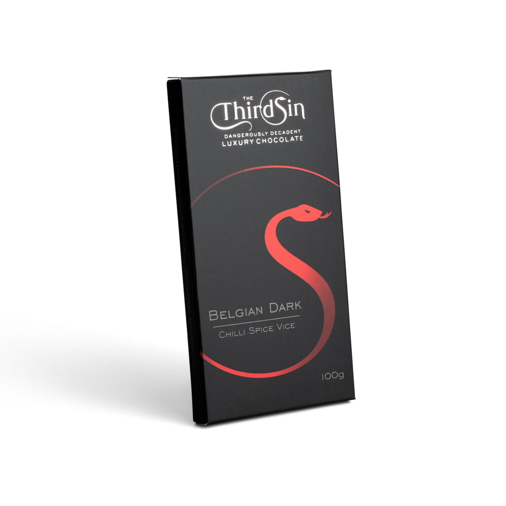 Dark chocolate bar packaging with 'The Third Sin' branding on a white background