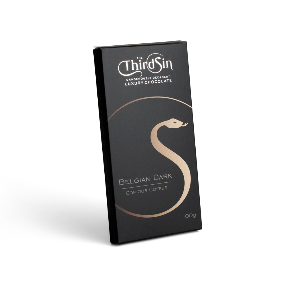 Chocolate bar packaging with 'The Third Sin' branding on a white background