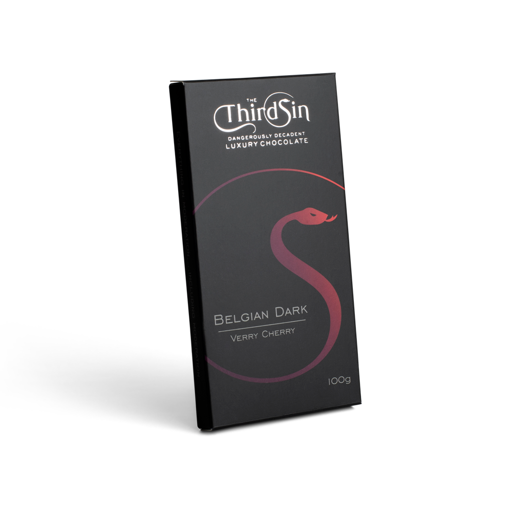 Dark chocolate bar packaging with 'The Third Sin' branding on a white background