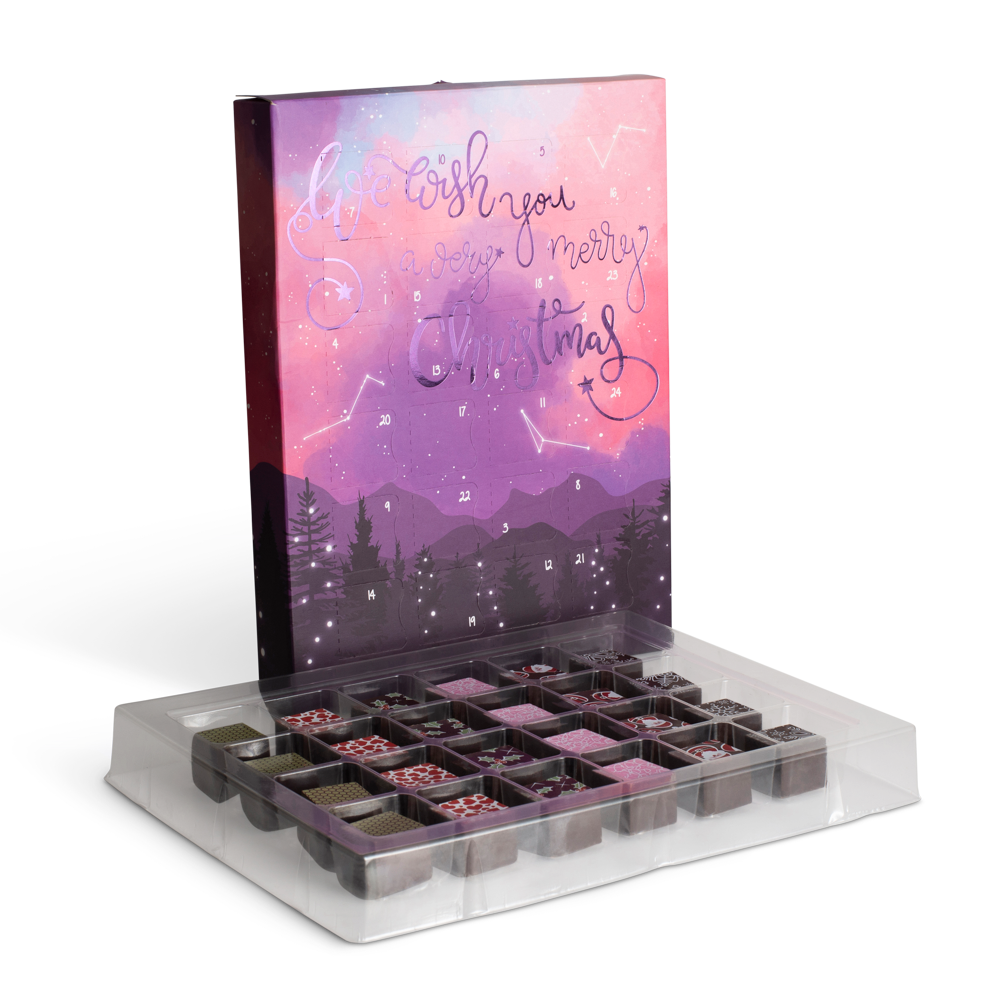 Advent calendar Decorative box with 'Merry Christmas' text and a scenic design on a white background
