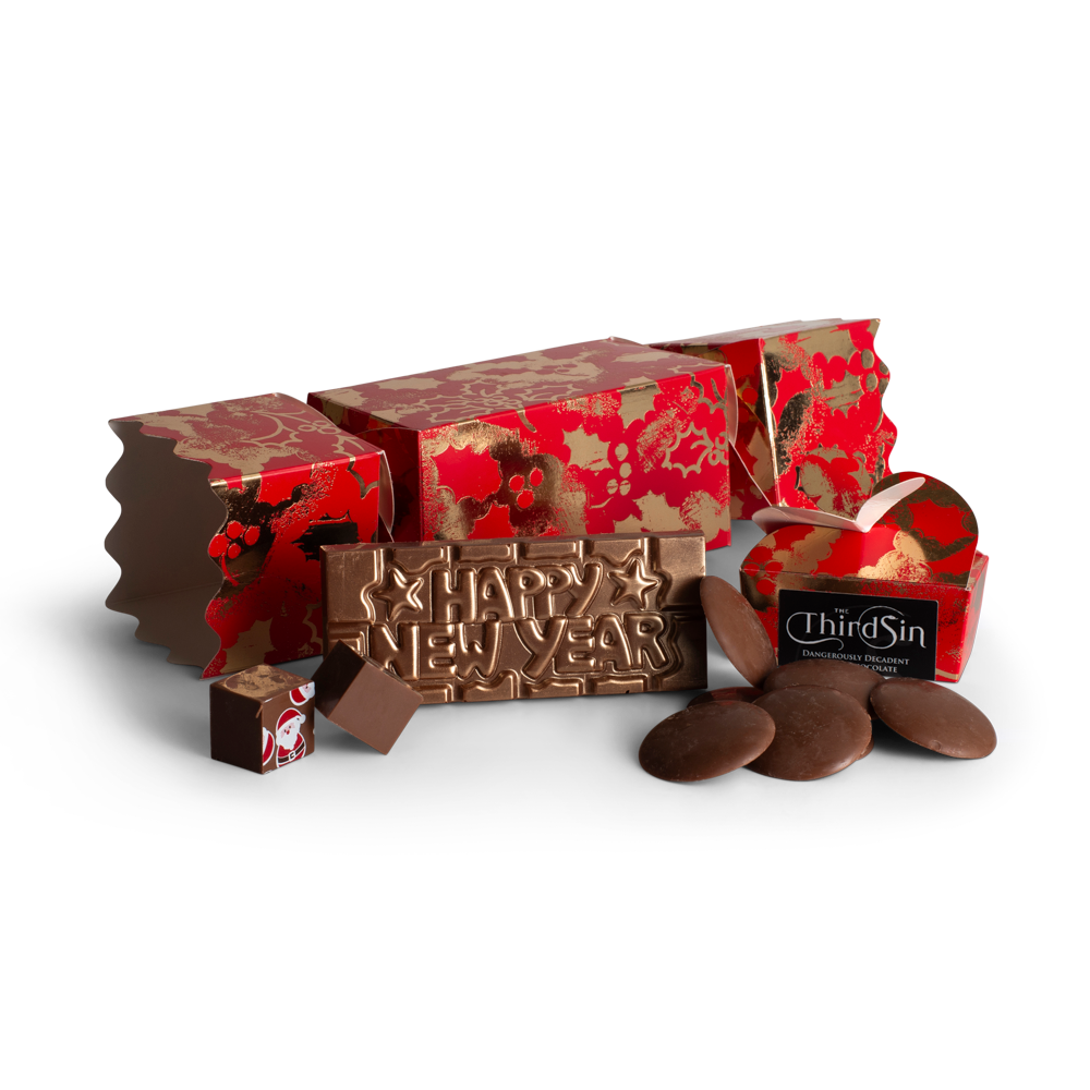 Chocolate Crackers bars with decorative boxes and 'Happy New Year' text on a white background