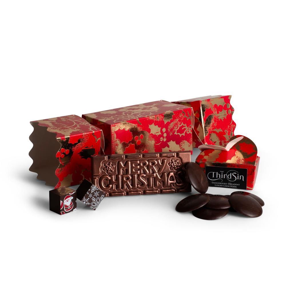 Christmas cracker box Chocolate bars with decorative boxes and 'Merry Christmas' text on a white background