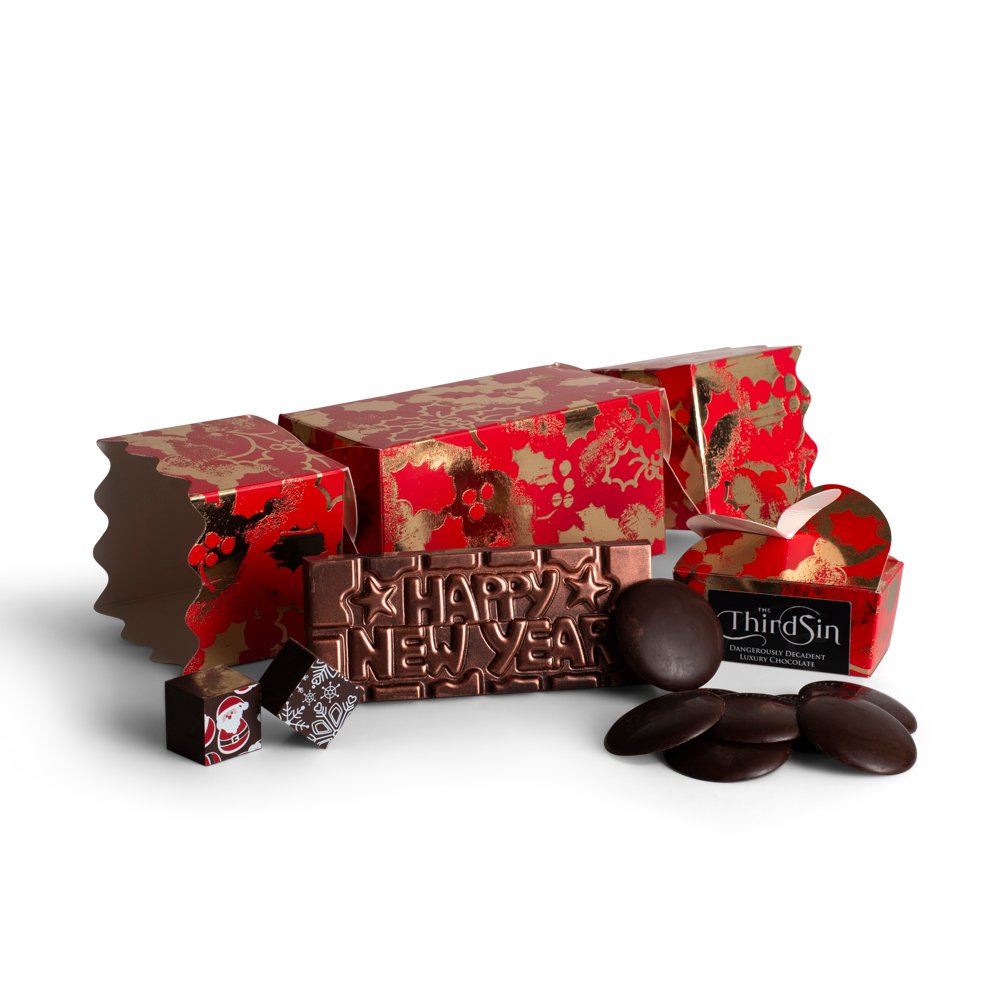 Christmas Cracker Chocolate truffles in red and gold boxes with 'Happy New Year' text on a white background