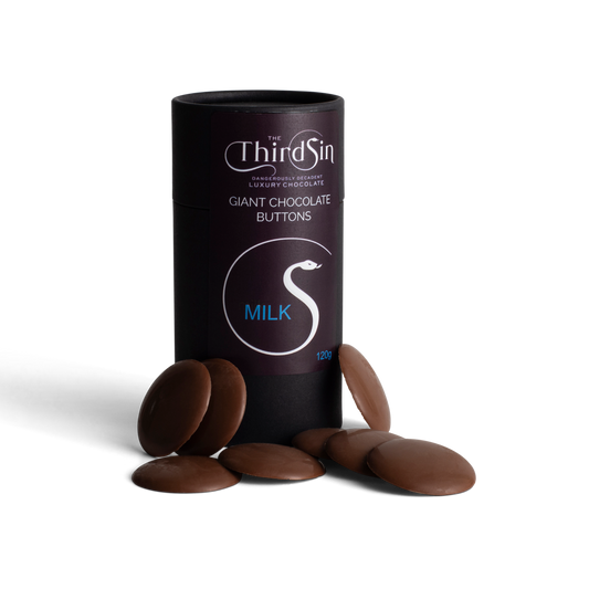 Black cylindrical container of 'The Third Sin' milk chocolate buttons on a white background