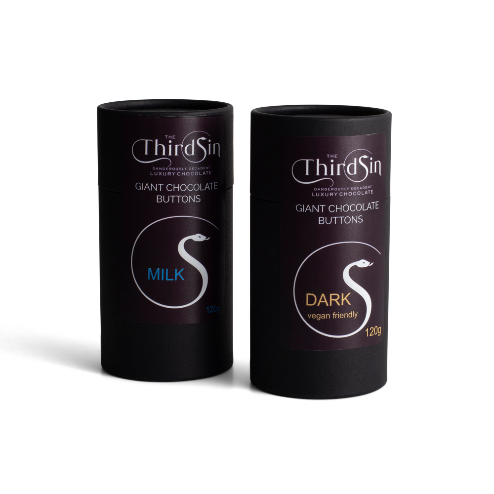 Two black cylindrical containers with 'The Third Sin' branding on a white background.