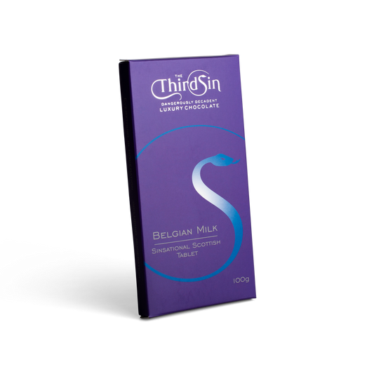 Purple chocolate bar with The Third Sin branding on a white background, Scottish Tablet flavour
