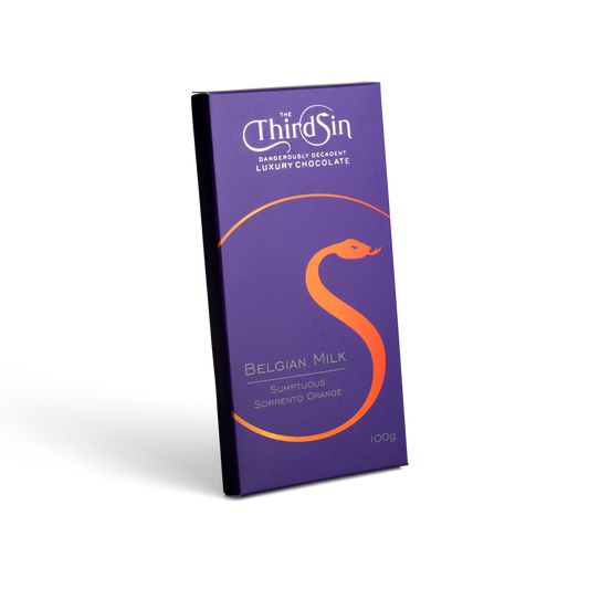 Purple chocolate bar with The Third Sin branding on a white background Orange