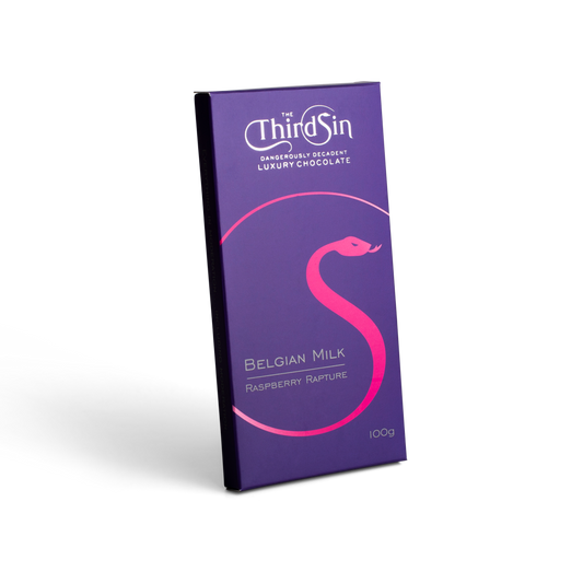 Purple chocolate bar with The Third Sin branding on a white background
