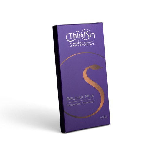 Purple chocolate bar with The Third Sin branding on a white background
