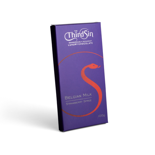 Purple chocolate bar with The Third Sin branding on a white background