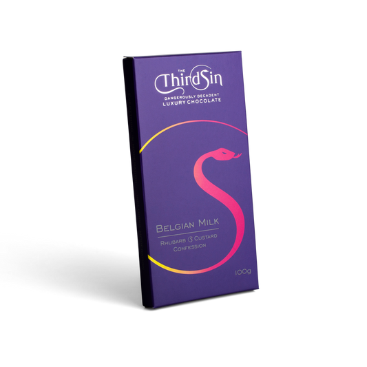 Purple chocolate bar with The Third Sin branding on a white background