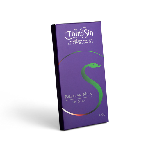 Purple chocolate bar with The Third Sin branding on a white background