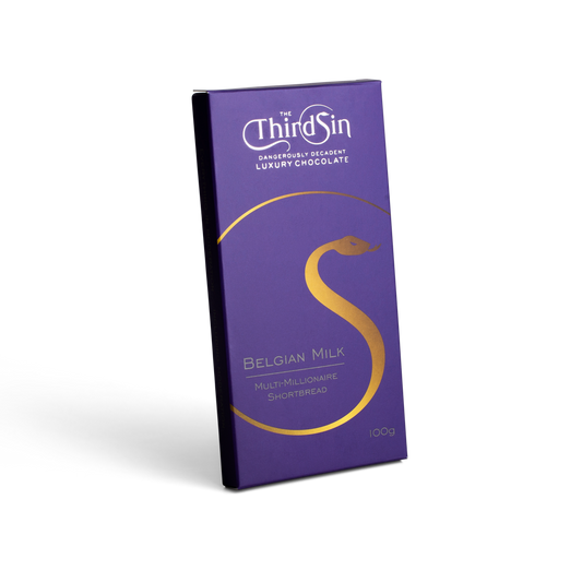 Purple chocolate bar with The Third Sin branding on a white background