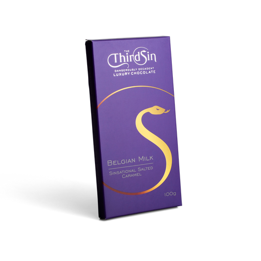 purple chocolate bar with the third sin branding on white background