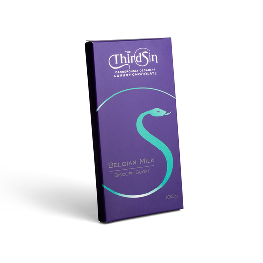 Purple chocolate bar packaging with 'The Third Sin' branding on a white background
