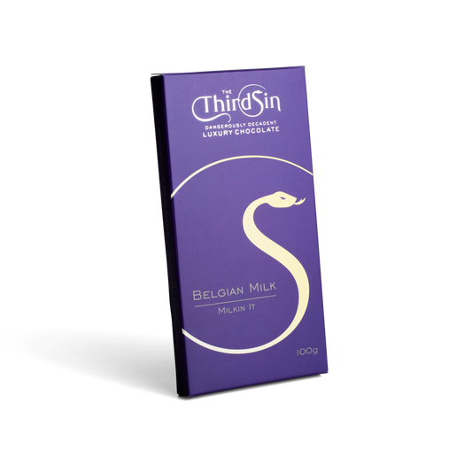 Purple chocolate bar with The Third Sin branding on a white background Milk Chococlate