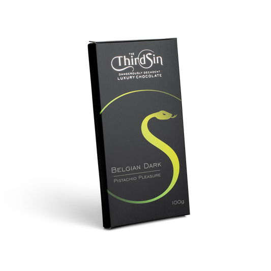 Chocolate bar packaging with 'The Third Sin' branding on a white background