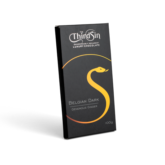 Dark chocolate bar packaging with 'The Third Sin' branding on a white background