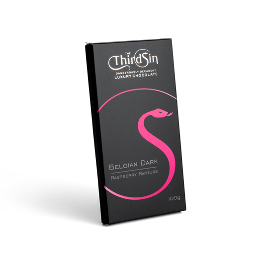Chocolate bar packaging with 'The Third Sin' branding on a white background
