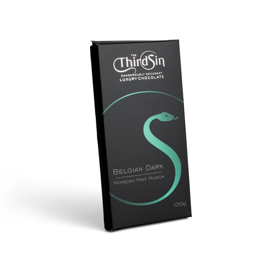 Dark chocolate bar packaging with 'The Third Sin' branding on a white background