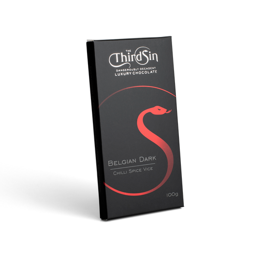 Dark chocolate bar packaging with 'The Third Sin' branding on a white background
