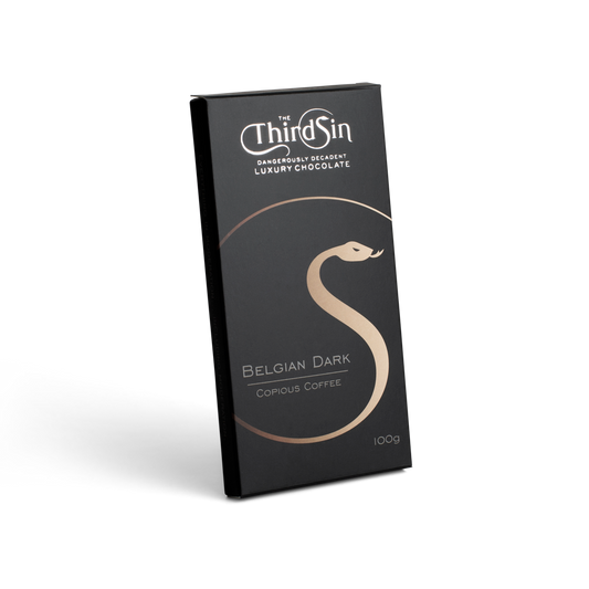Chocolate bar packaging with 'The Third Sin' branding on a white background