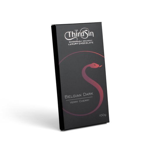 Dark chocolate bar packaging with 'The Third Sin' branding on a white background