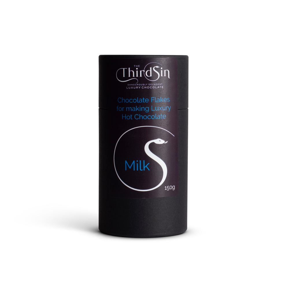Black cylindrical container of Third Sin Milk chocolate flakes on a white background