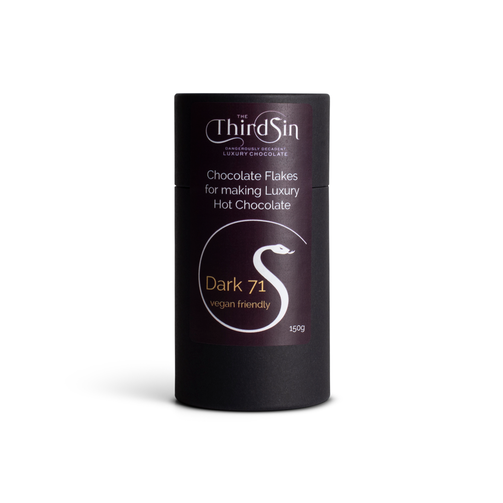 Dark chocolate flakes packaging with 'The Third Sin' branding on a white background