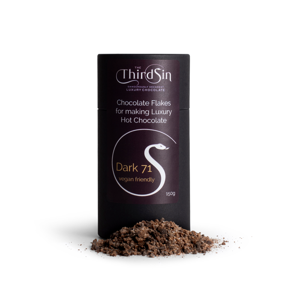 Black container of Third Sin Dark 71 chocolate flakes on a white background